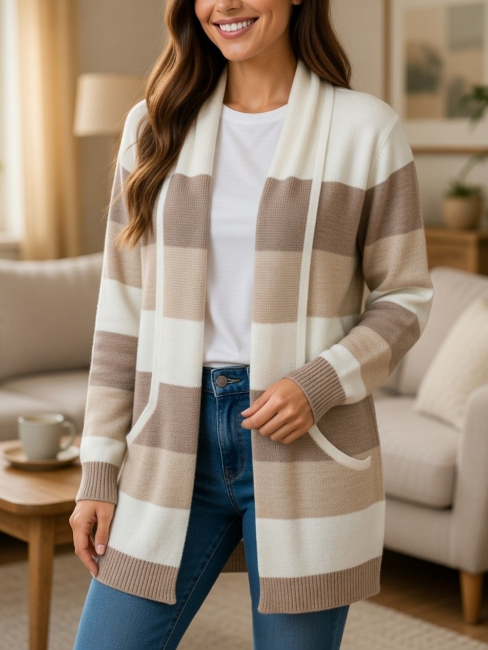 Chloe & Jasmine Striped Open-Front Cardigan Sweater In Cream, White & Tan Size L